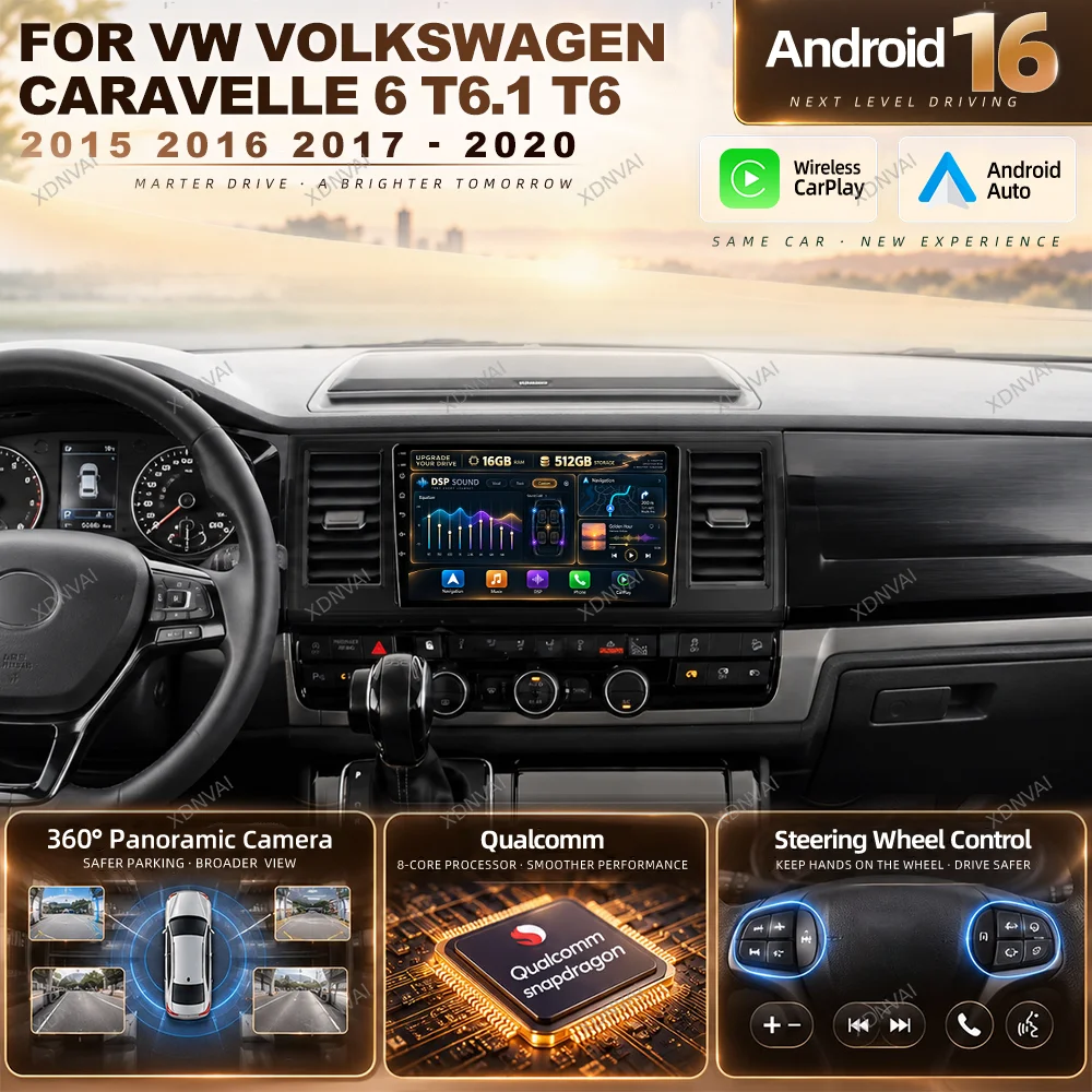 Android 16 Car Radio Multimedia For VW Volkswagen Caravelle 6 T6.1 T6 2015  - 2020 Video Player Carplay GPS Head Unit 5G WIFI