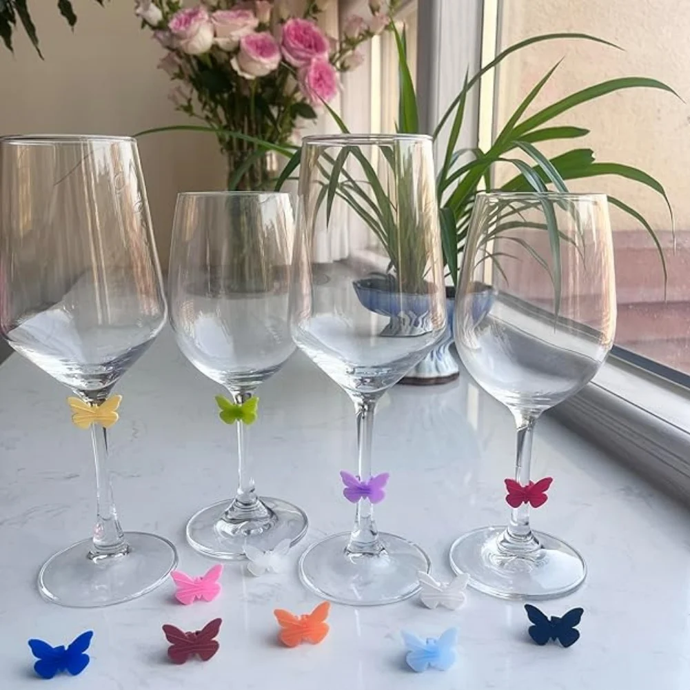 Reusable Butterfly Silicone Wine Glass Charms Drink Marker Bands Bottle Strip Tag Glass Identifiers for Party Cocktail Champagne