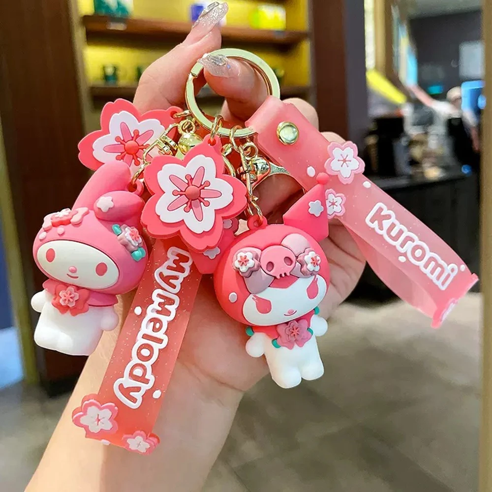 New Cartoon Keychain Kawaii Pink Hello Kitty Key Ring Cute Melody Kuromi Couple Bag Ornament Sakura Accessories Car Pendant Gift