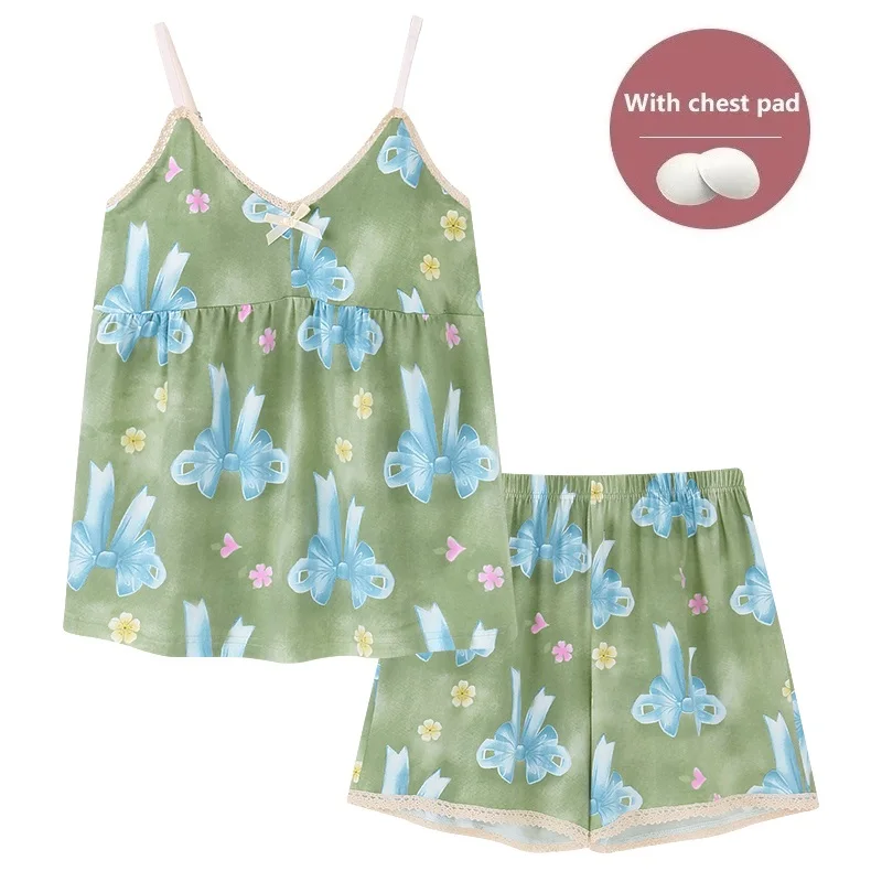 Summer cozy sexy sleeveless shorts pajama sets with chest pads women sleepwear Korea sling sleepwear fashion print women pyjamas