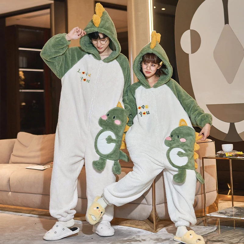 Winter Kigurumis Dinosaur Onesie Sleepwear Women Men Pajama Coral Fleece Plush Couples Pajama Thicken Jumpsuits Cute KawaiI