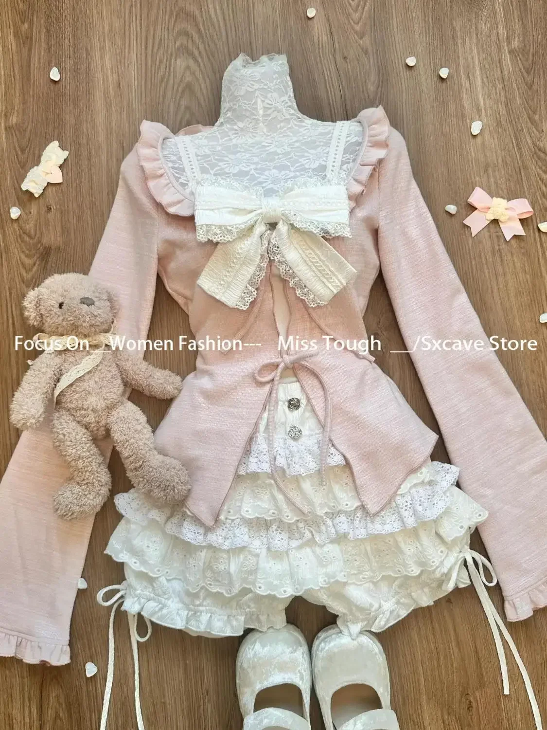 Sweet Fungus Long Sleeve Cardigan Tops+ Sexy Slim Fit Bow White Vest+ High Waist Ruched Lace Cake Skirts Three Piece Sets