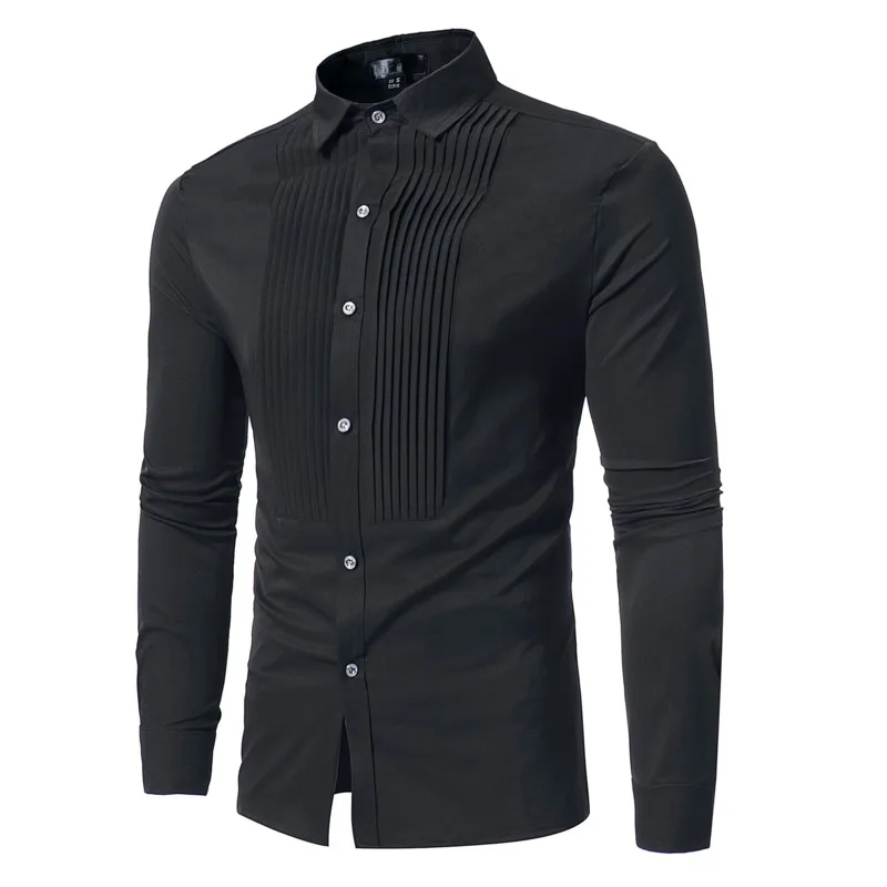 

#4676 Front Pleated Mens's Shirt Long Sleeve Regular Fit Black White Red Blue Office Business Mens Dress Shirts High Quality