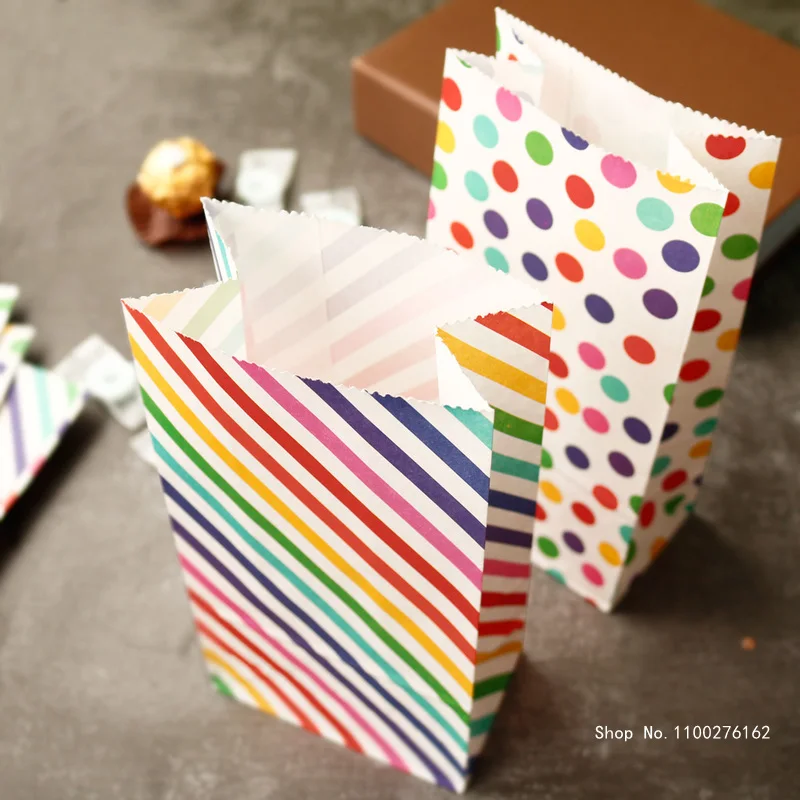 

10pcs Colorful Dots Stripe Gift Bag Party Wedding Favor Cookie Candy Bags Birthday Food Treat Bag Open Top Paper Bag