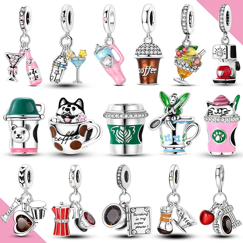 925 Sterling Silver Charms Beads Coffee Cup Fit Bracelet Making Original Pendnat For Woman Fine Jewelry