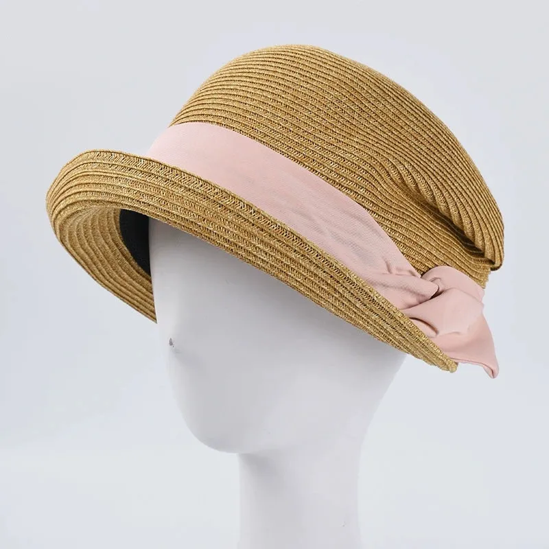 Women Summer Pleated Irregular Rolled Brim Straw Hat Elegant Bow Brim Bucket Hat Foldable Fisherman Hats