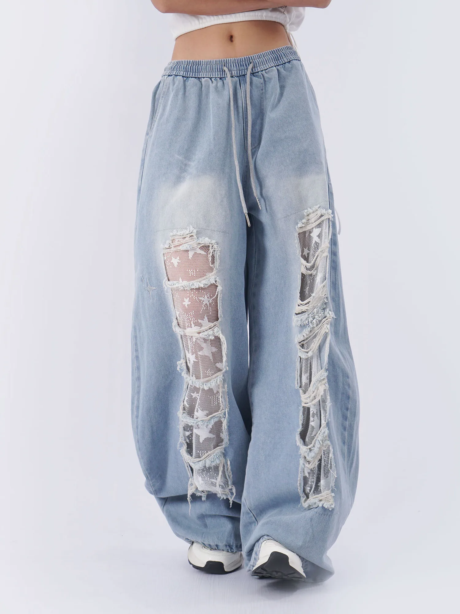 High Waist Wide Leg Jeans Women's Distressed Netting Patchwork Denim Pants Street Dance Style Cotton Blend Casual Pants