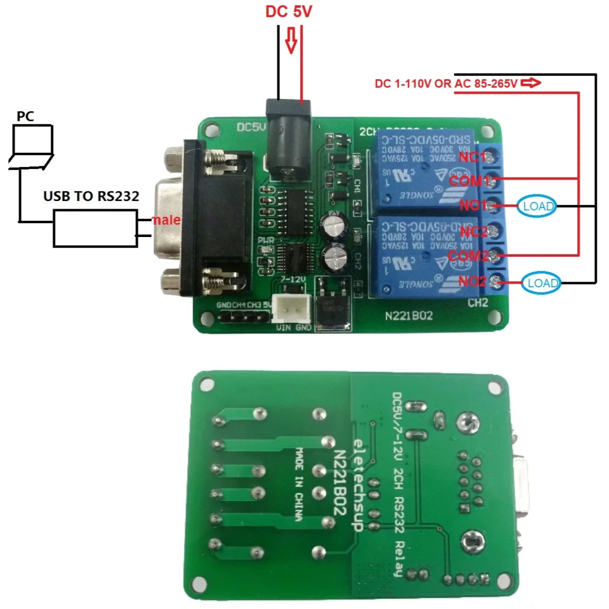 N221B02 DC 5V 7.5V 9V 2Ch RS232 Relay Board Remote Control USB PC UART COM Serial Ports