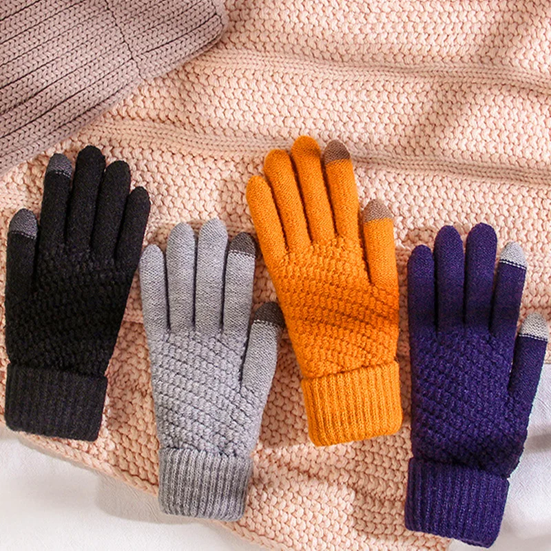 Wool Knitted Gloves Unisex Pineapple Texture Touchscreen Elastic Gloves Winter Warm For Cycling Jacquard Students Gloves