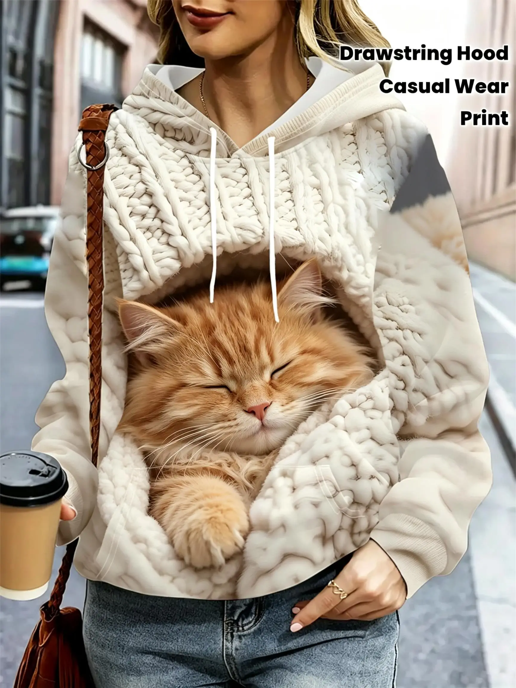 Women Fleece Lined Hoodie Cute 3D Animal Print Penguin Red Panda Bear Rabbit Cat Drawstring Front Pocket Casual Sweatshirt