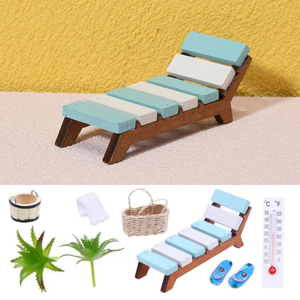 1 Set Dollhouse Miniature Sauna Kit Mini Wooden Deck Chair Towel Slippers Basket Bucket Plants Model Summer Beach Scene Decor