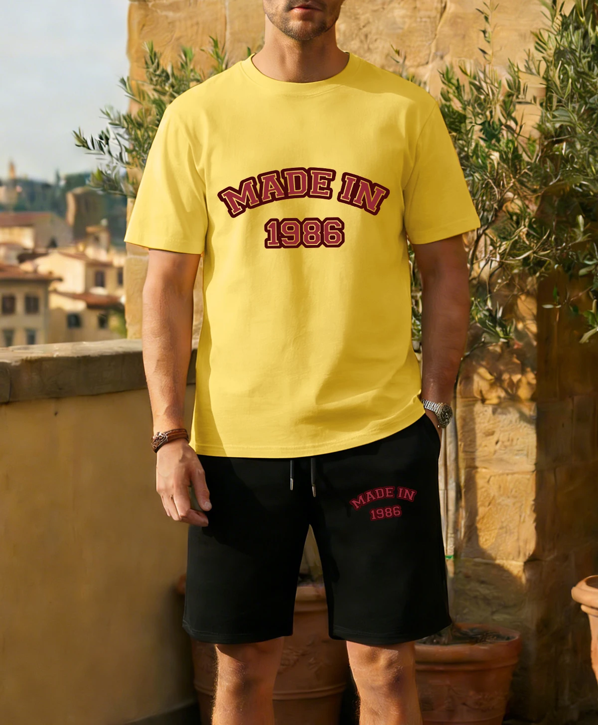 

Made In 1986 Letter Creative Man T-Shirt Suit Summer Loose O-Neck Cotton Tee Trendy Drawstring Shorts Unisex All-Match Clothes