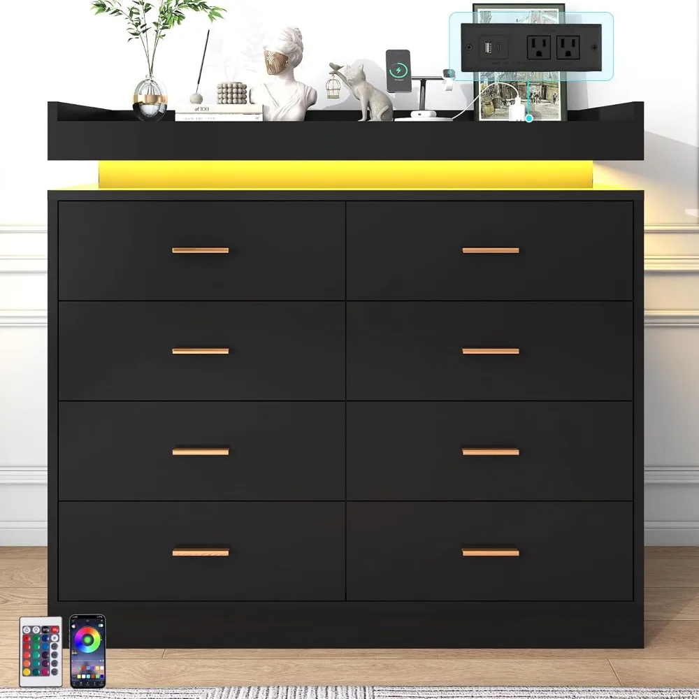 8 Drawer Dresser with Charging Station and LED Lights, Modern Chest of Drawers with Power Outlet