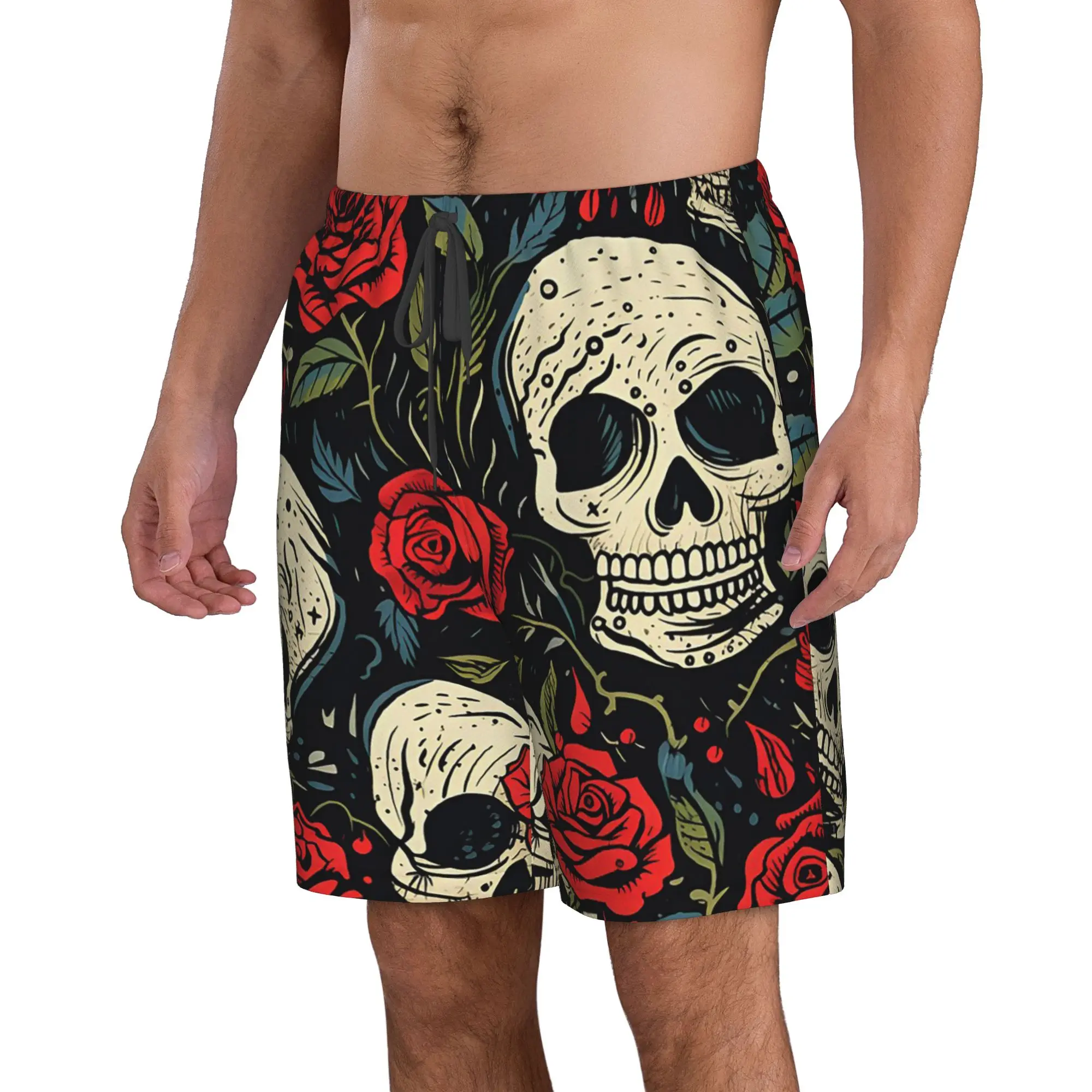 Vintage Skulls & Roses Pattern Trunks Beach Board Shorts Casual Quick Dry Swim Summer Men Pants