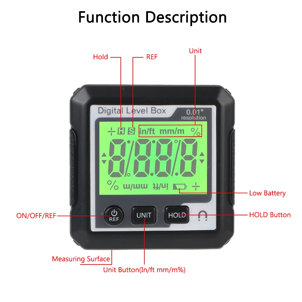 Digital Angle Finder com Escala Horizontal, Nível Elétrico, Ferramenta de Medição Ângulo, Inclinômetro, Régua, Bolha, 90 Graus