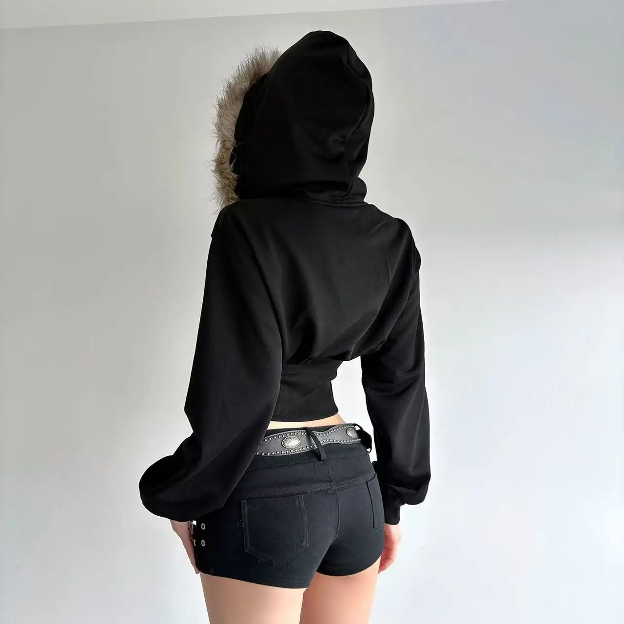 Autumn and Winter Women Fur Collar Zipper Short Sweatshirt Jacket Y2K Hot Girls Sexy Long Sleeve Tops Coat Streetwear Outer Wear
