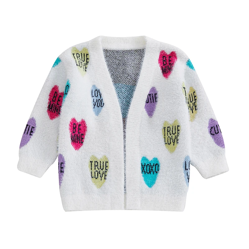 Baby Girls Cardigan Sweater Valentine Outfits Heart Letter Print Warm Knitted Long Sleeves Infant Knitwear for Toddler