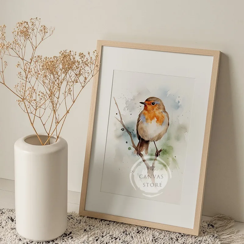 Bird Chickadee Robin Watercolor Poster and Print Bird on Branch Canvas Painting Minimalist Wall Art Picture for Room Home Decor