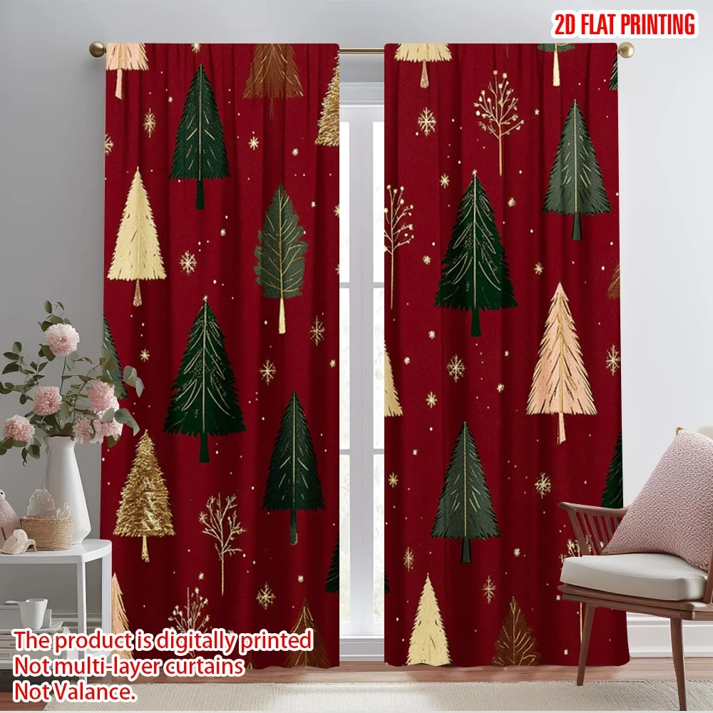 2pcs,2D plane printing Print Curtains Christmas Trees Snowflakes_d (3) Versatile Polyester Fabric (without rod) Outdoor