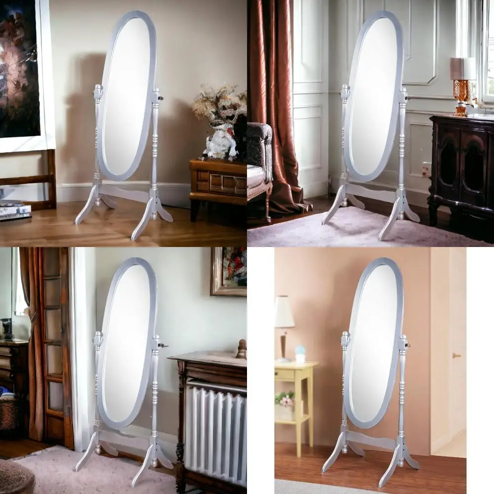 Vintage Style Wooden Cheval Floor Mirror with Adjustable Stand - Silver Finish, Full-Length Freestanding