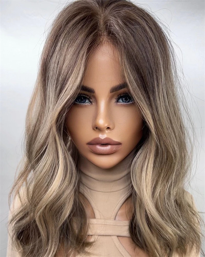

New Ombre Ash Blonde Wig with Darker Roots Soft Long Loose Wave Lace Front Wig Synthetic HD Wigs Bleached knots Middle Part Wigs