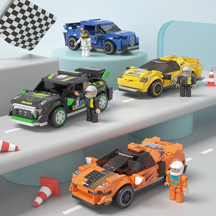 Four models of small particle building block racing cars are given as holiday gifts to friends as gifts