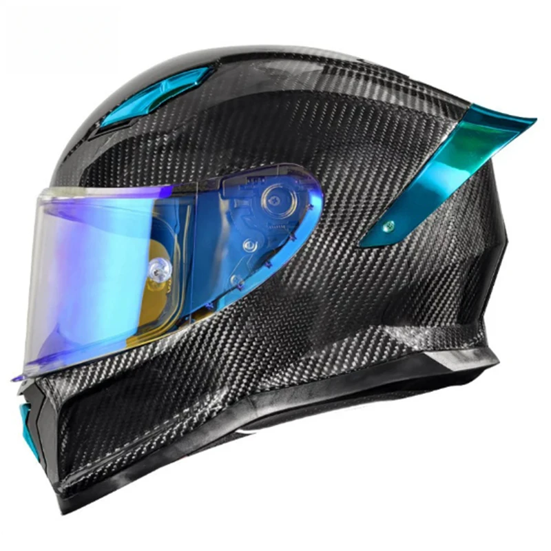 DOT Deep Gloss Blue Visor Coating 3K Weave Carbon Fiber Full Face Helmet Double D-Ring Fastener Streamlined Contoured Shell