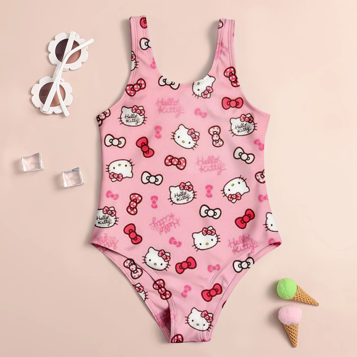 MINISO Summer Girls Swimsuit Children\'s Swimsuit 3D Printed Hello Kitty Cartoon Fashion Beach Skirt Holiday Children\'s Clothing