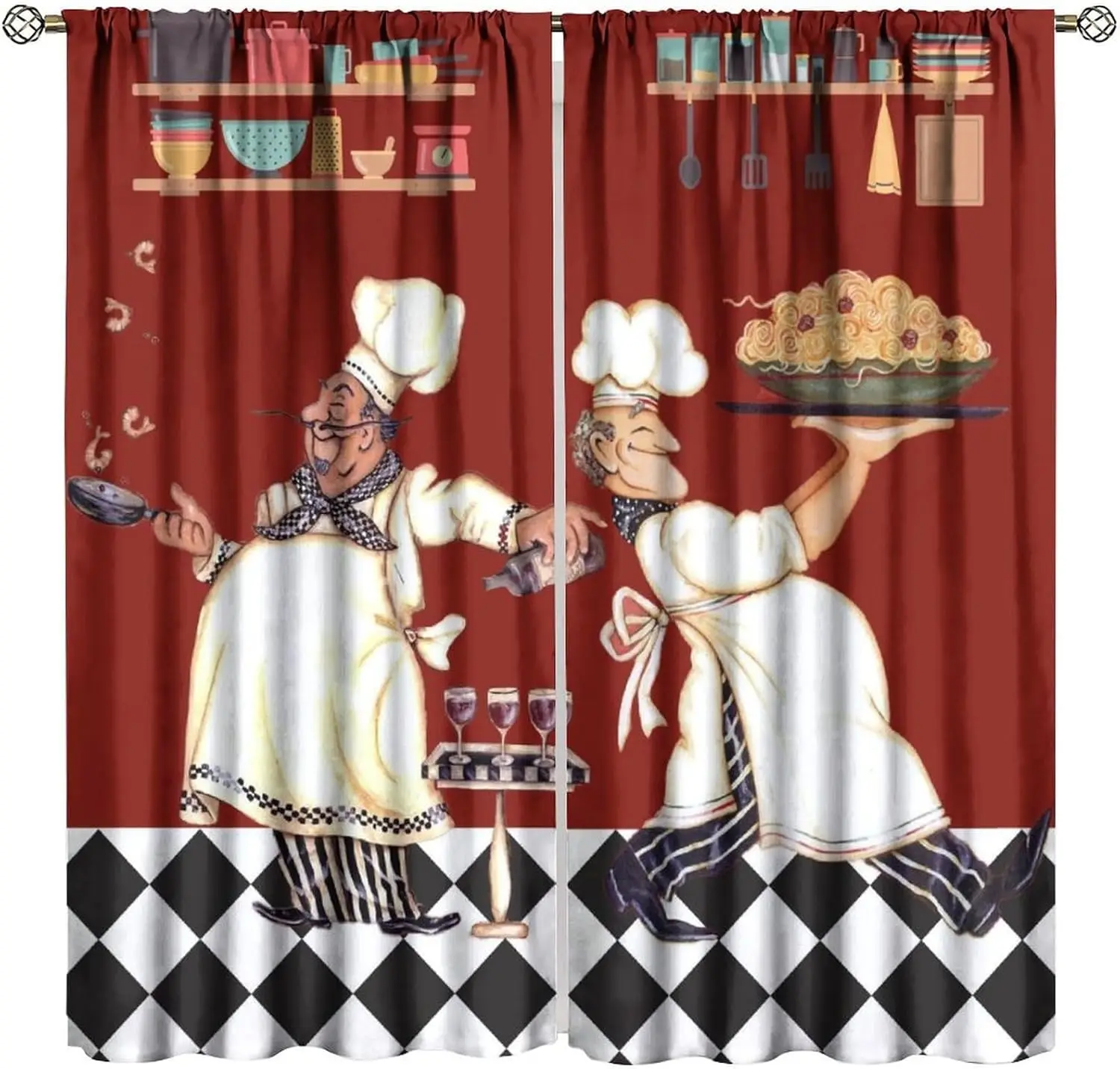 Chef Kitchen Curtains, Abstract Funny Cook Theme Red Black Buffalo Check Plaid Window Drapes for Bedroom and Living Room