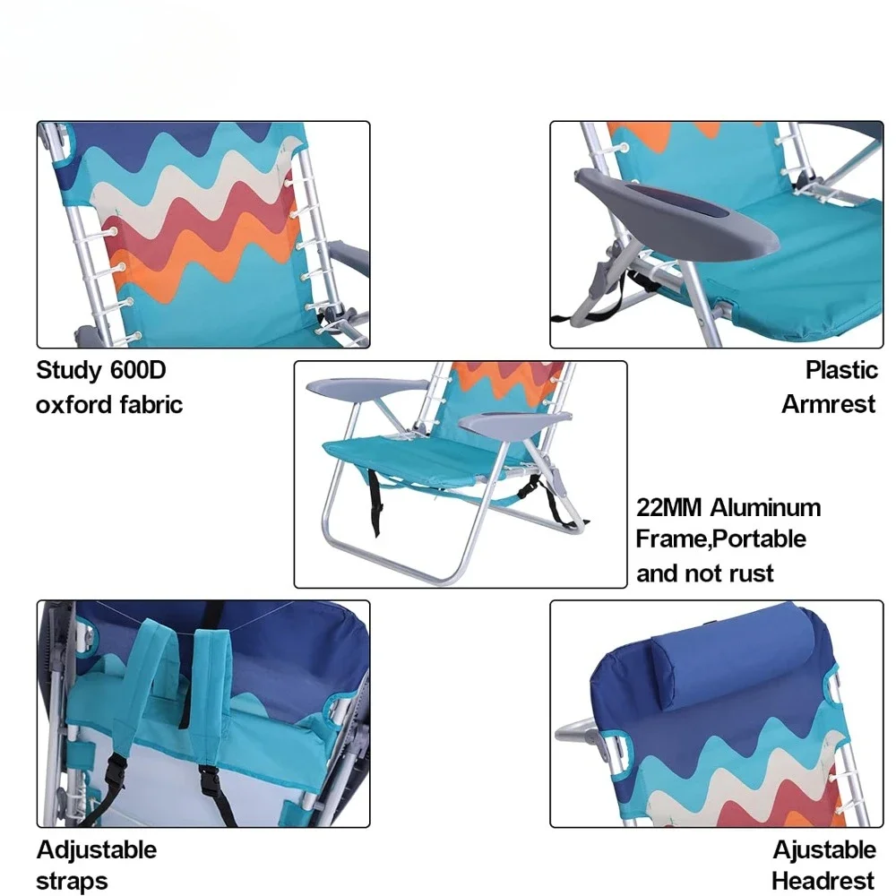 Beach Chairs Set of 2 with Cooler Bag 4 Position Classic Lay Flat Folding with Backpack Straps Support 250LBS (Sky Blue)