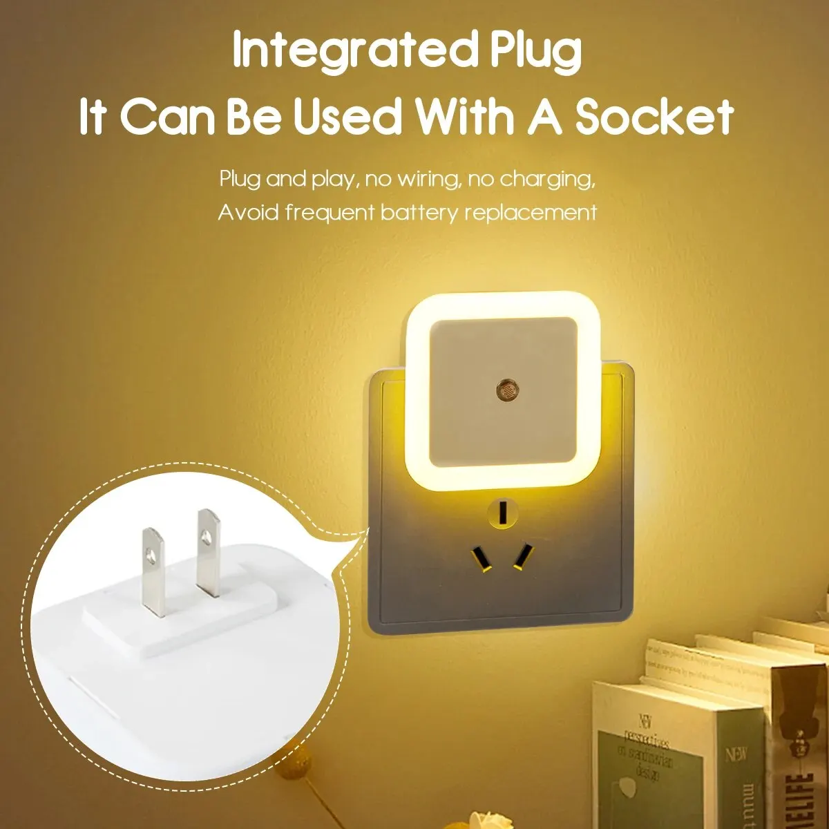 Led Mini Square Intelligent Light Control Induction Plug-In Small Night Light Bedroom Bedside Socket Light Energy-Saving Light