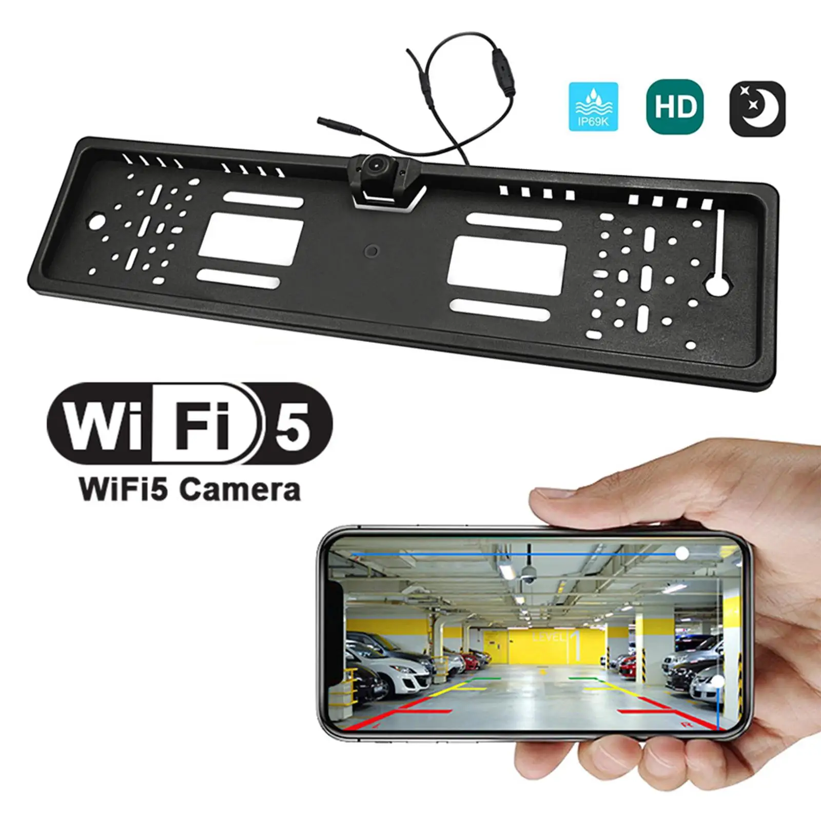 Wireless Car Reversing Camera 5G Wifi Wide Angle EU License Plate Holder Rear View Camera for Vehicles