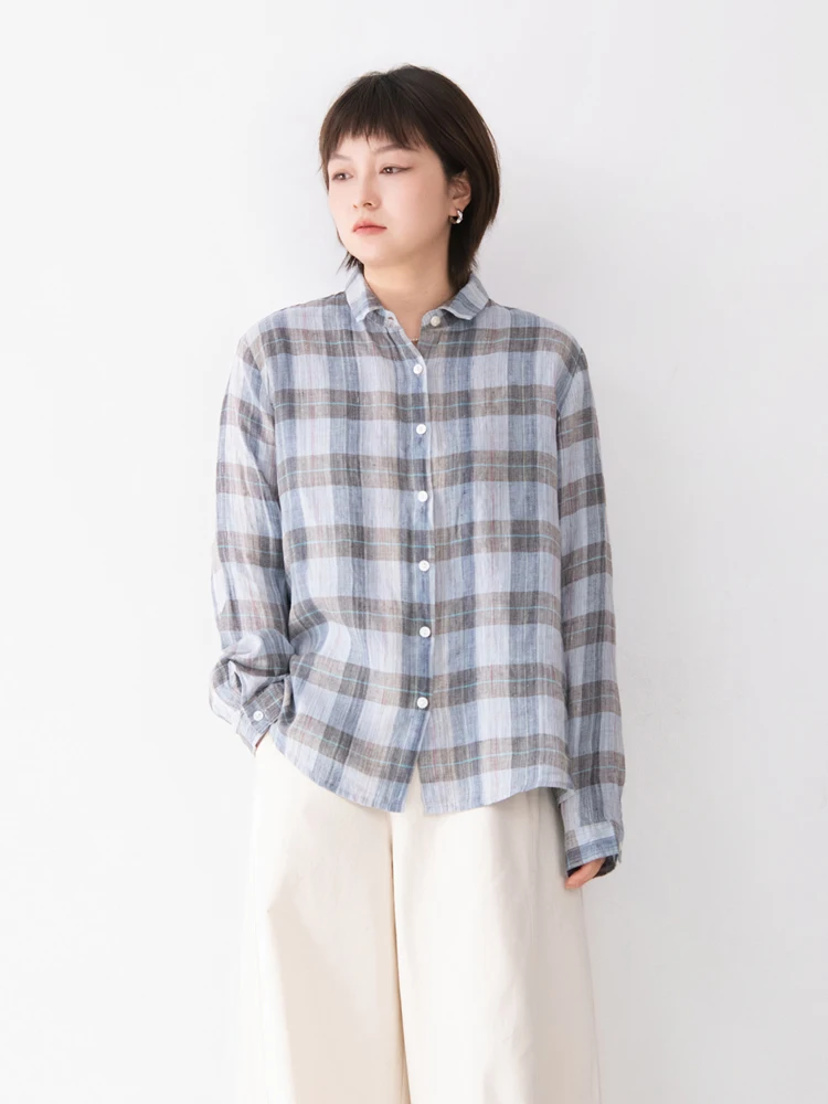 

Льняная женская блузка с длинным рукавом, свободного кроя, с клетчатым воротником, удобная, дышащая, в художественном стиле, повседневный топ, модная весенняя модель