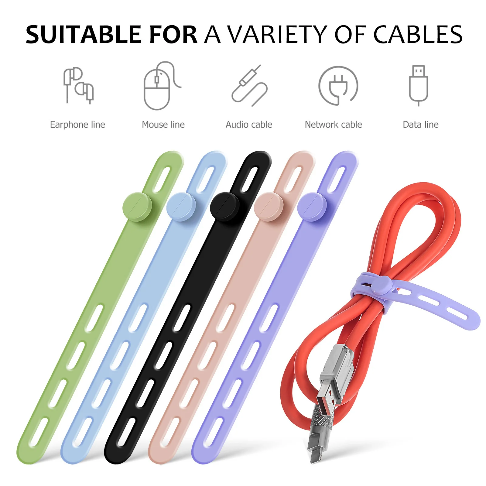 

10Pcs Silicone Cable Organizer Adjustable Cord Ties Reusable Cable Strap for Electronics Charging Wire Cord Organizer