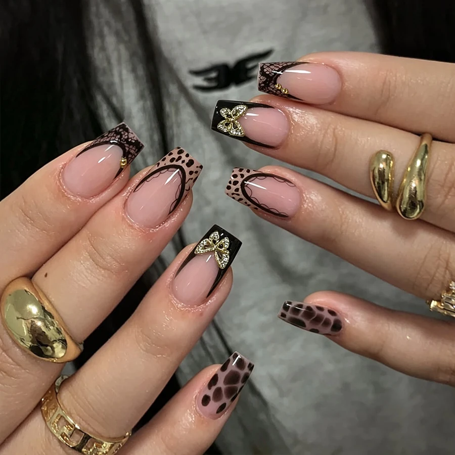 24-Piece Set of Long Trapezoidal Press-On Nails, Nude Black French Leopard Print Fake Nails, Rhinestone Butterfly Decoration, Sweet and Cool Style Nail Stickers, Includes Jelly Glue and Nail File Set