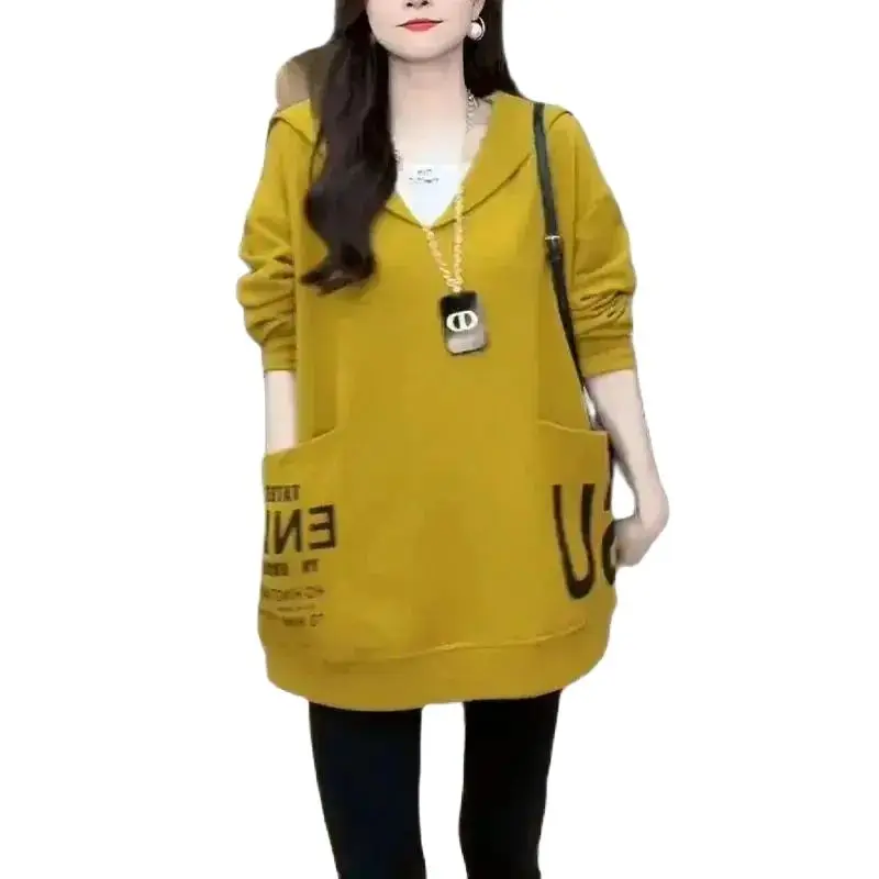 Spring Autumn T-Shirts Women\'s Loose Large-Size Mid-Long Hoodies Tops Summer Fake Two Pieces Tee Shirts Big Pocket T-shirt