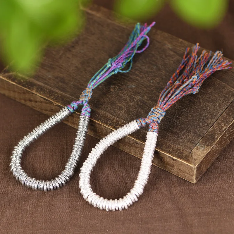 

Knocking Thai Silver Flakes Beading Bracelets for Women 999 Silver Colorful Rope Infinity Bracelet Ethnic Long Tassel Jewelry