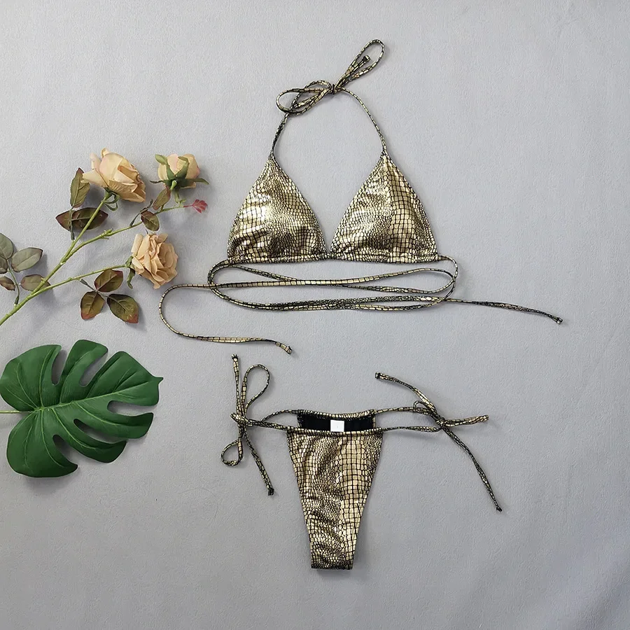 

sexy glitter gold sequine halter tie string bikinis sets two pieces thong bandage swimsuit bathing suit swimwear biquini tankini