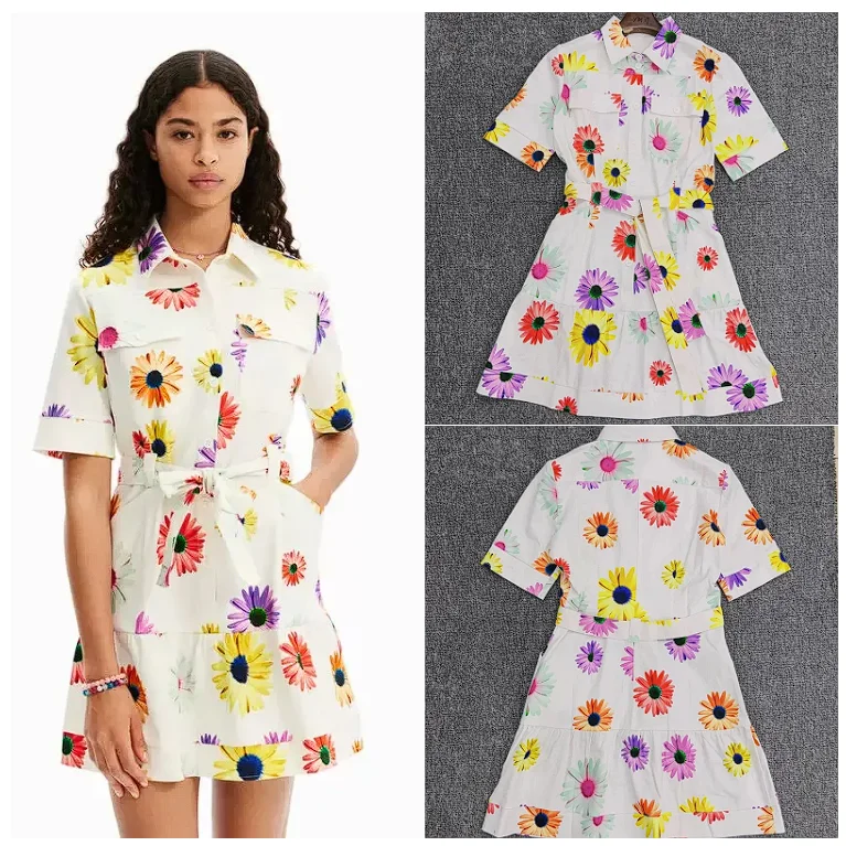 

Foreign trade Spain original single women's dress white background printed belt slimming shirt collar dress light luxury 2025
