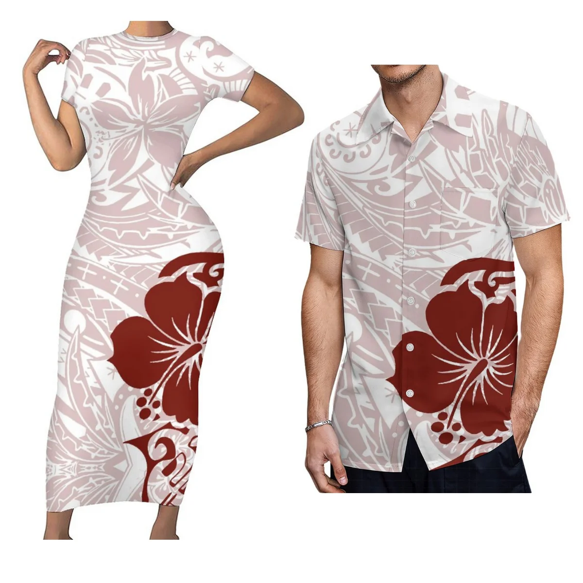 Polynesian Matching Couple Suit Men'S Short-Sleeved Shirt With Women'S Crew Neck Dress Comfortable Women'S Long Skirt