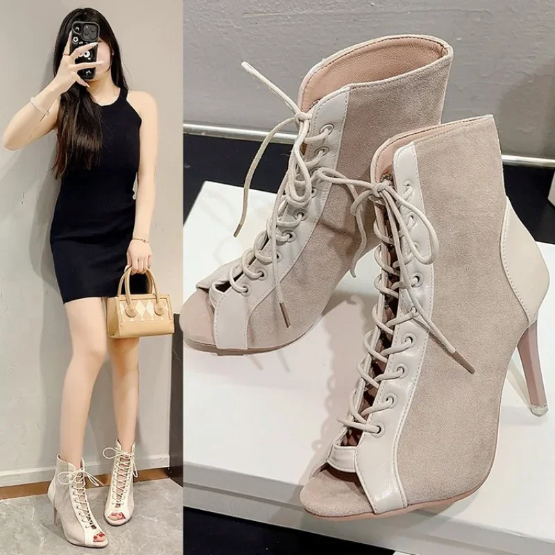 Sandals Hollowed Mesh Heels Belt Buckle Women's Summer Beige Lace-up Sexy Open Toe Boots Stiletto Jazz Dance Party Ladies Shoes