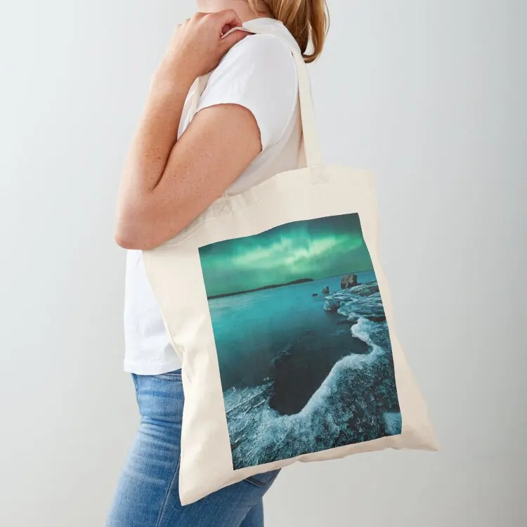 Ice on the lake shore and northern lights landscape Tote Bag Lady bags tote bag custom shopper bag women tote bags aesthetic