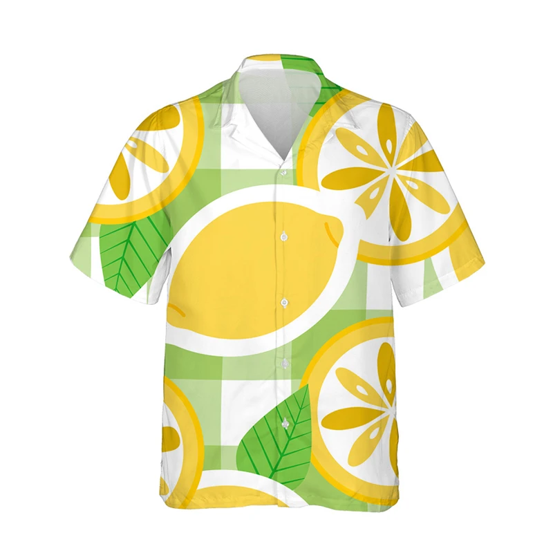 Camisas hawaianas con patrón de frutas para hombre, Camisas con estampado 3d de limón, blusas de moda, Camisas casuales de playa, camisa de solapa de vacaciones de verano