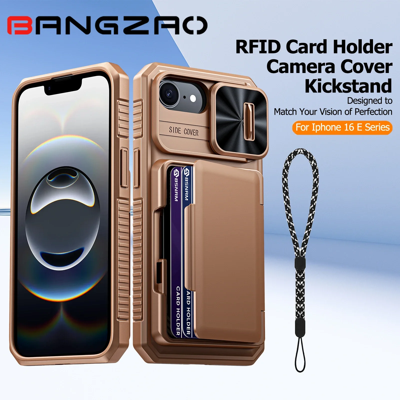 

Чехол для iPhone 16 E, держатель для карт, чехол для камеры, прочный противоударный силиконовый защитный чехол для телефона на весь корпус - золото