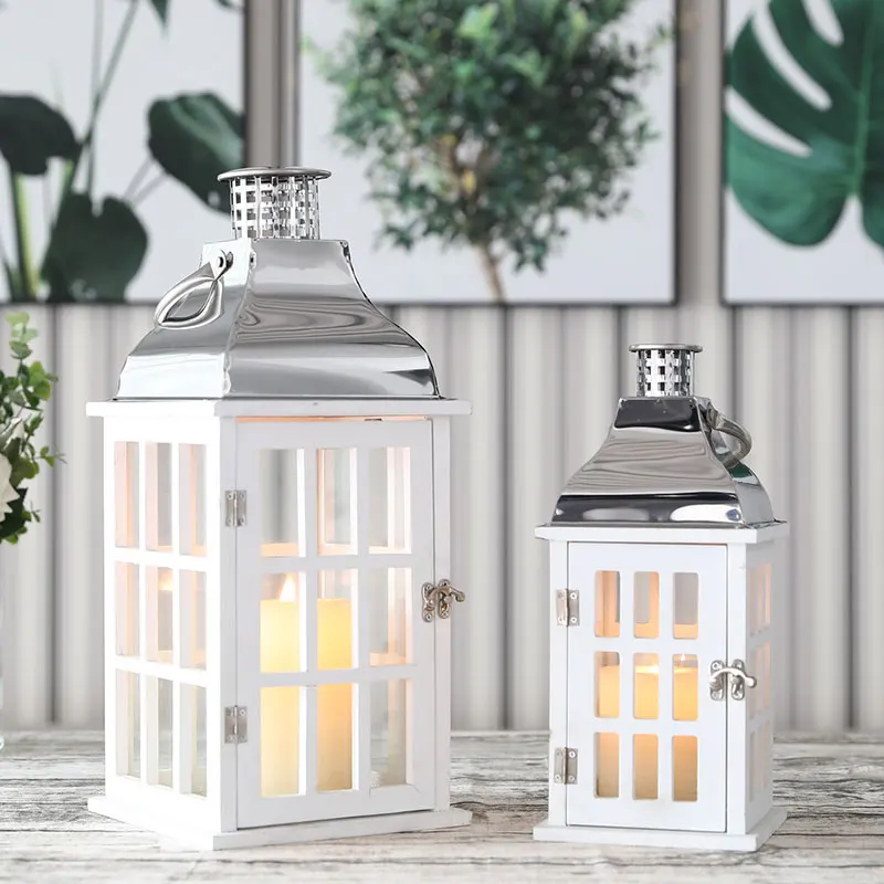 Lantern Set Farmhouse White Wood Stainless Steel Lantern Decoration Hanging Light Emitting Diode Candlestick