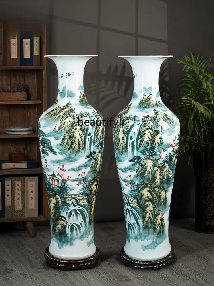 Jingdezhen Porcelain Hand Painted Floor Vase Neo Chinese Style Ornaments Living Room Entrance Porcelain Bottle