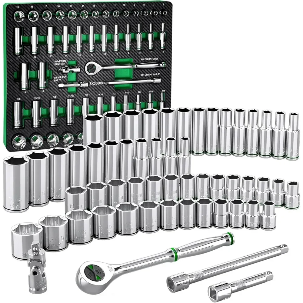 

SK 3/8" Drive Socket Set with 160-P Ratchet, 56-Piece, SAE & Metric, SuperKrome Finish, Preminum CR-V Construction, with EVA