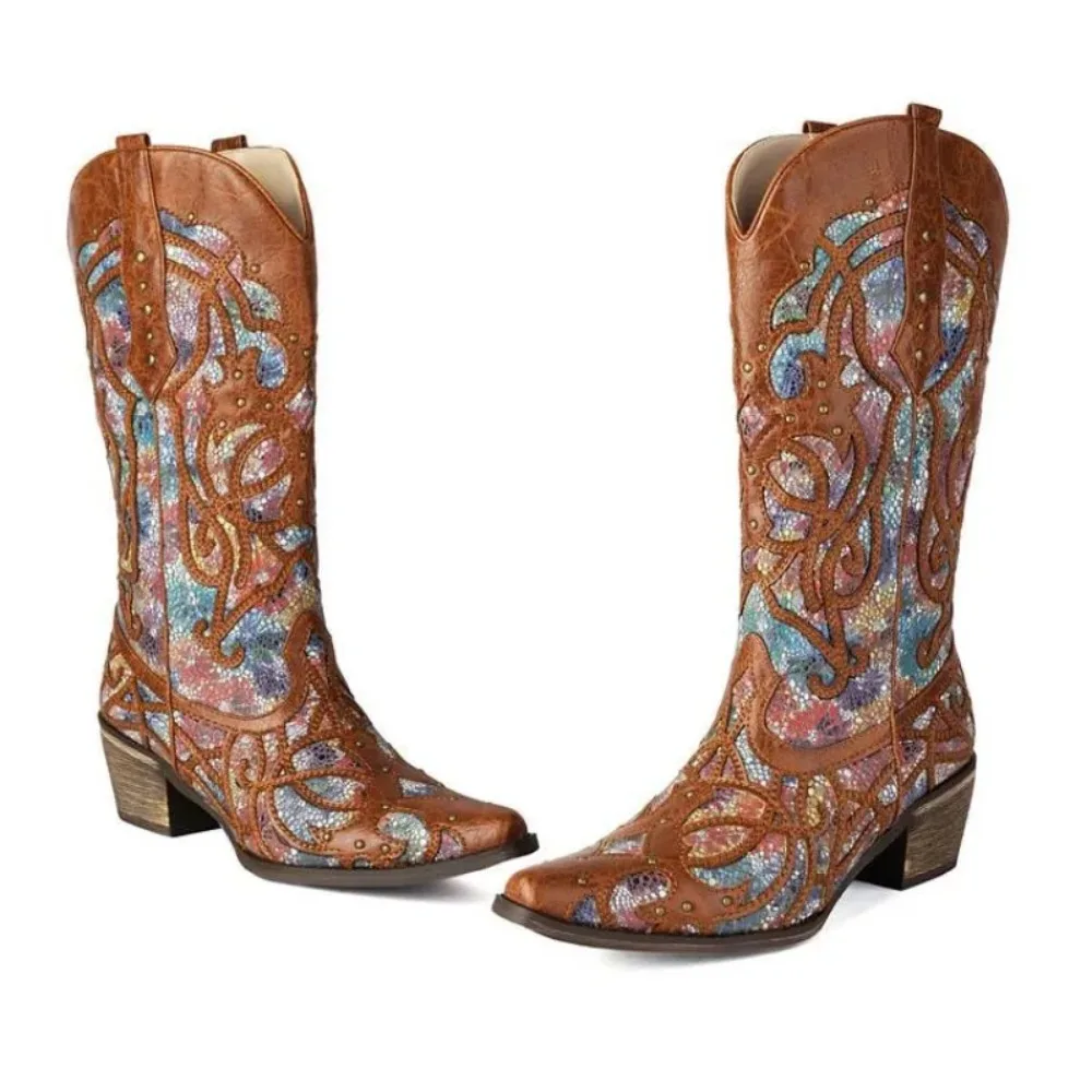 Autumn and Winter New Style Fashion High-heeled Women Boots Solid Color Pointed Toe Embroidery Square Heel Chelsea Women's Boots