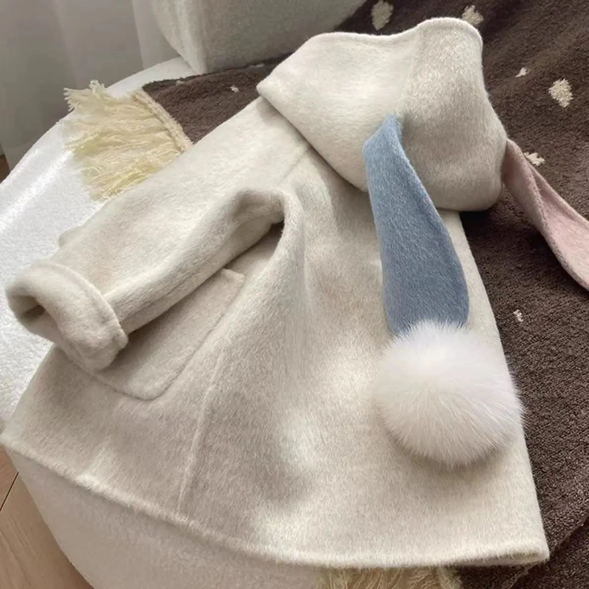 Spring and Autumn Baby Girls' Woolen Coat New Korean Version Children Cute Rabbit Ear Woolen Coat for 90-140cm