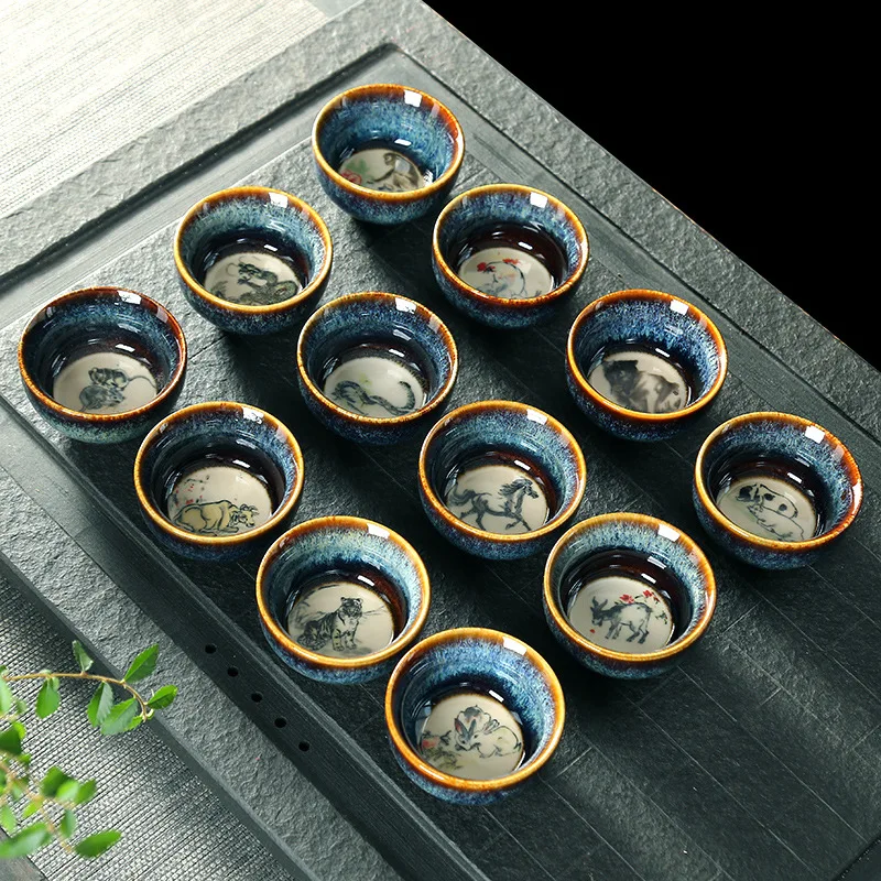 

Chinese Retro Kiln Change Ceramic Teacup Zodiac Boutiques Master Tea Cup Household Tea Set Drinkware Teaware Accessories New